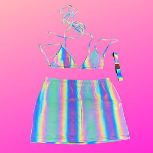 Club Exx Reflective Rainbow 3-Piece Skirt Set with Matching Choker, Size S